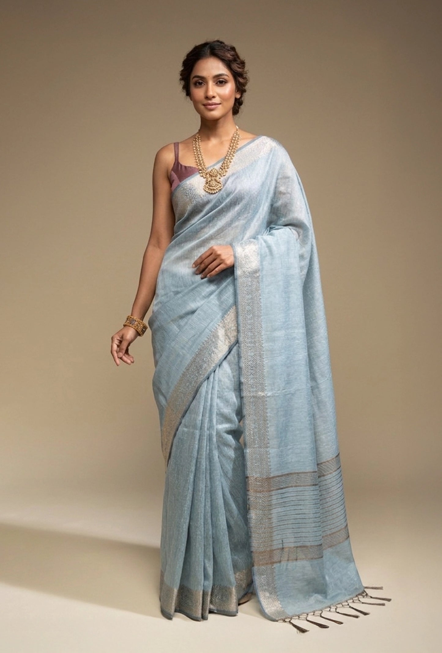 Dusty Blue Khadi Tissue Saree With Unstitched Blouse