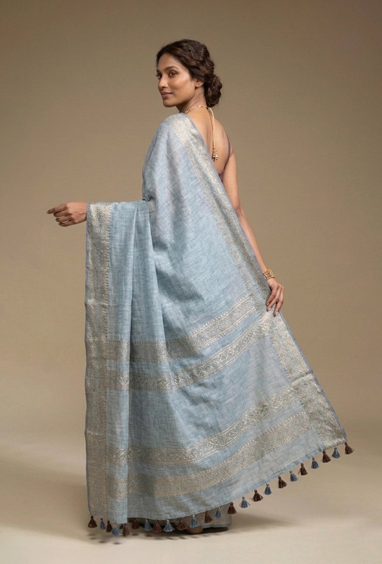 Dusty Blue Khadi Tissue Saree With Unstitched Blouse