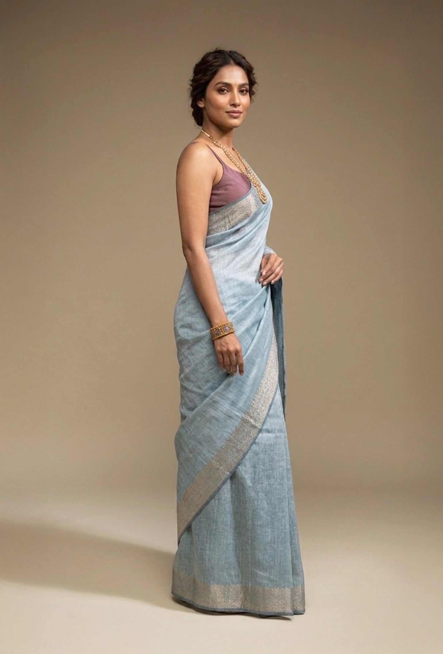 Dusty Blue Khadi Tissue Saree With Unstitched Blouse