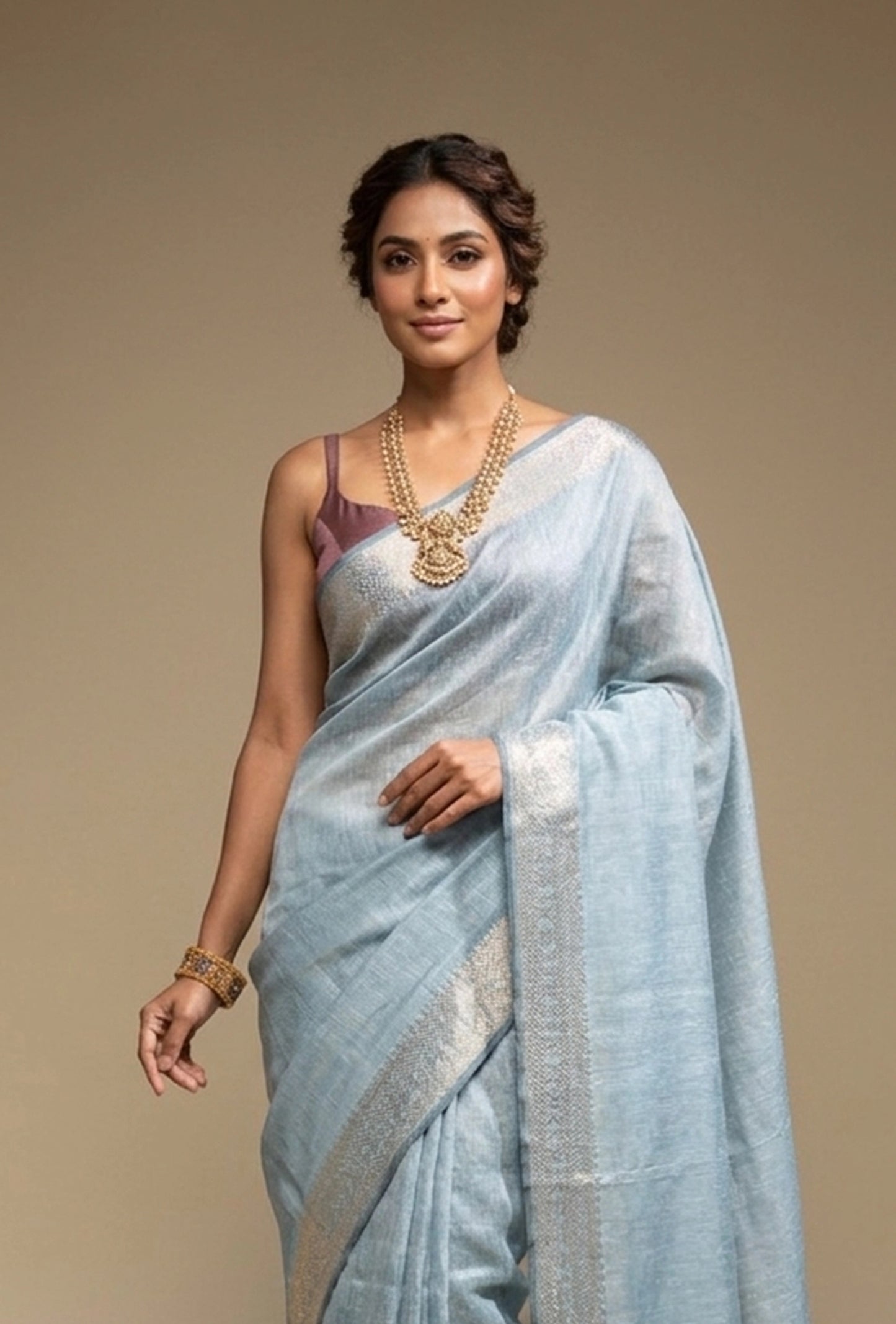 Dusty Blue Khadi Tissue Saree With Unstitched Blouse