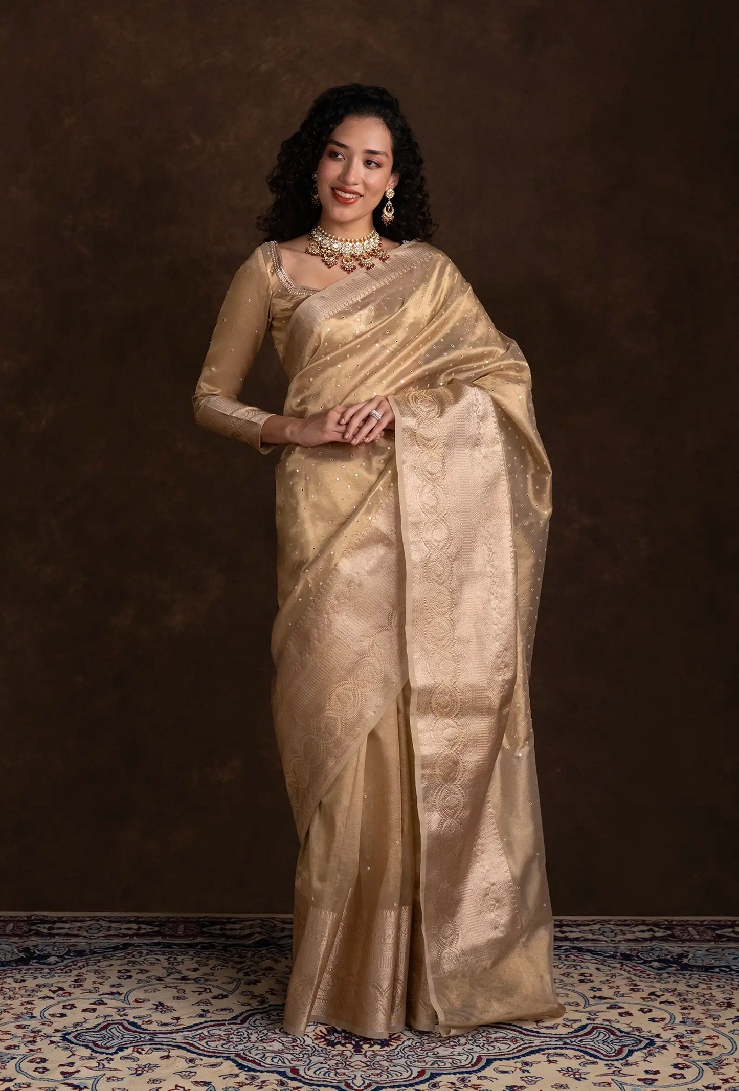 Golden Tissue Silk Mirror Work Saree With Unstitched Blouse