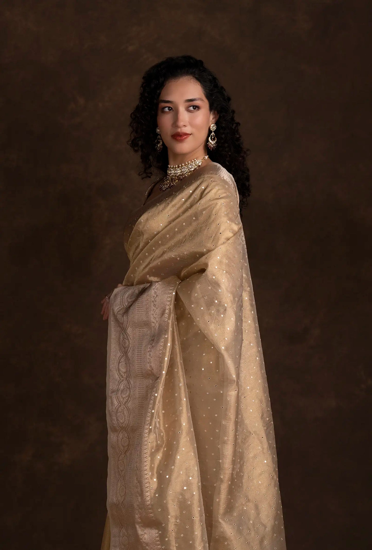 Golden Tissue Silk Mirror Work Saree With Unstitched Blouse