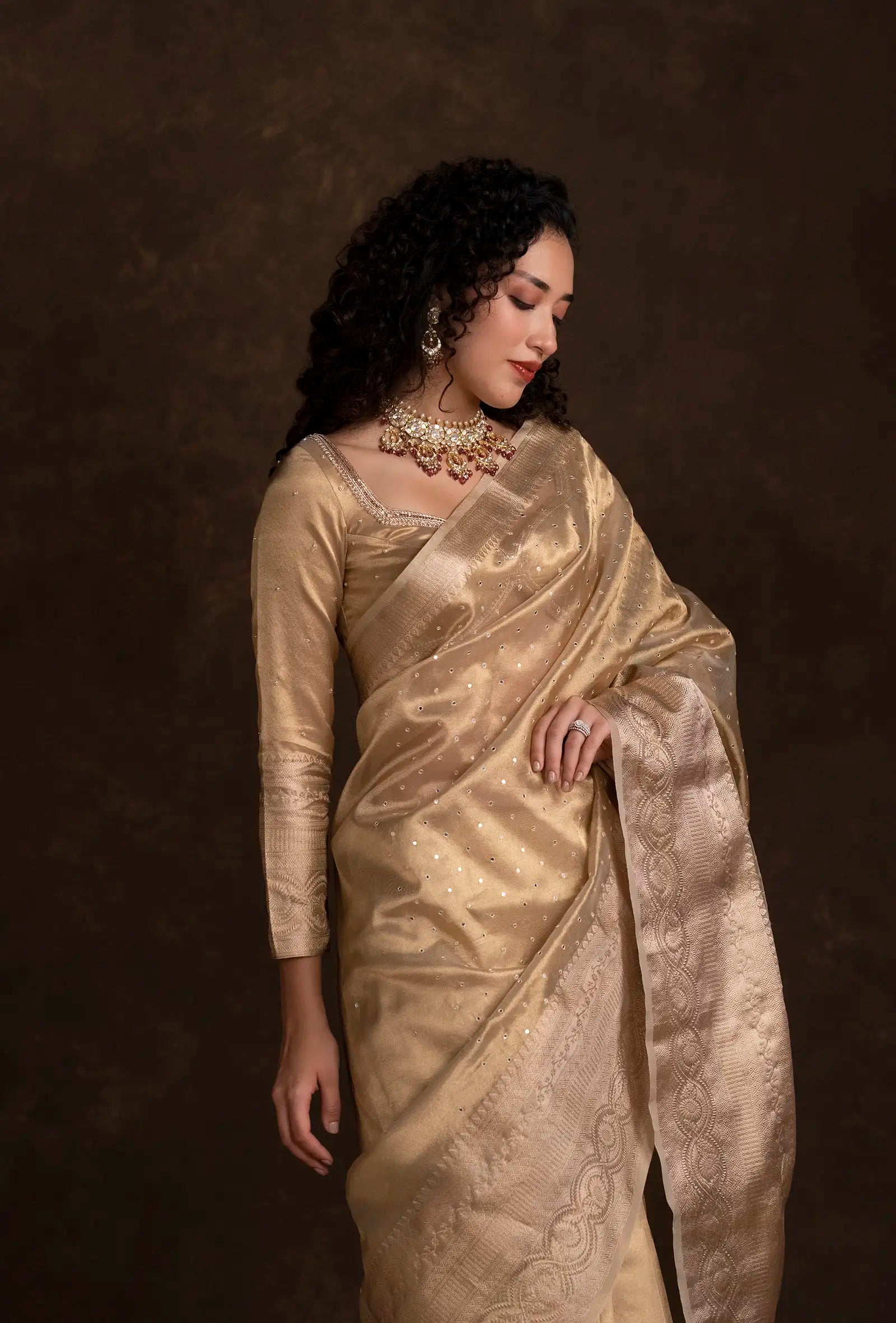 Golden Tissue Silk Mirror Work Saree With Unstitched Blouse