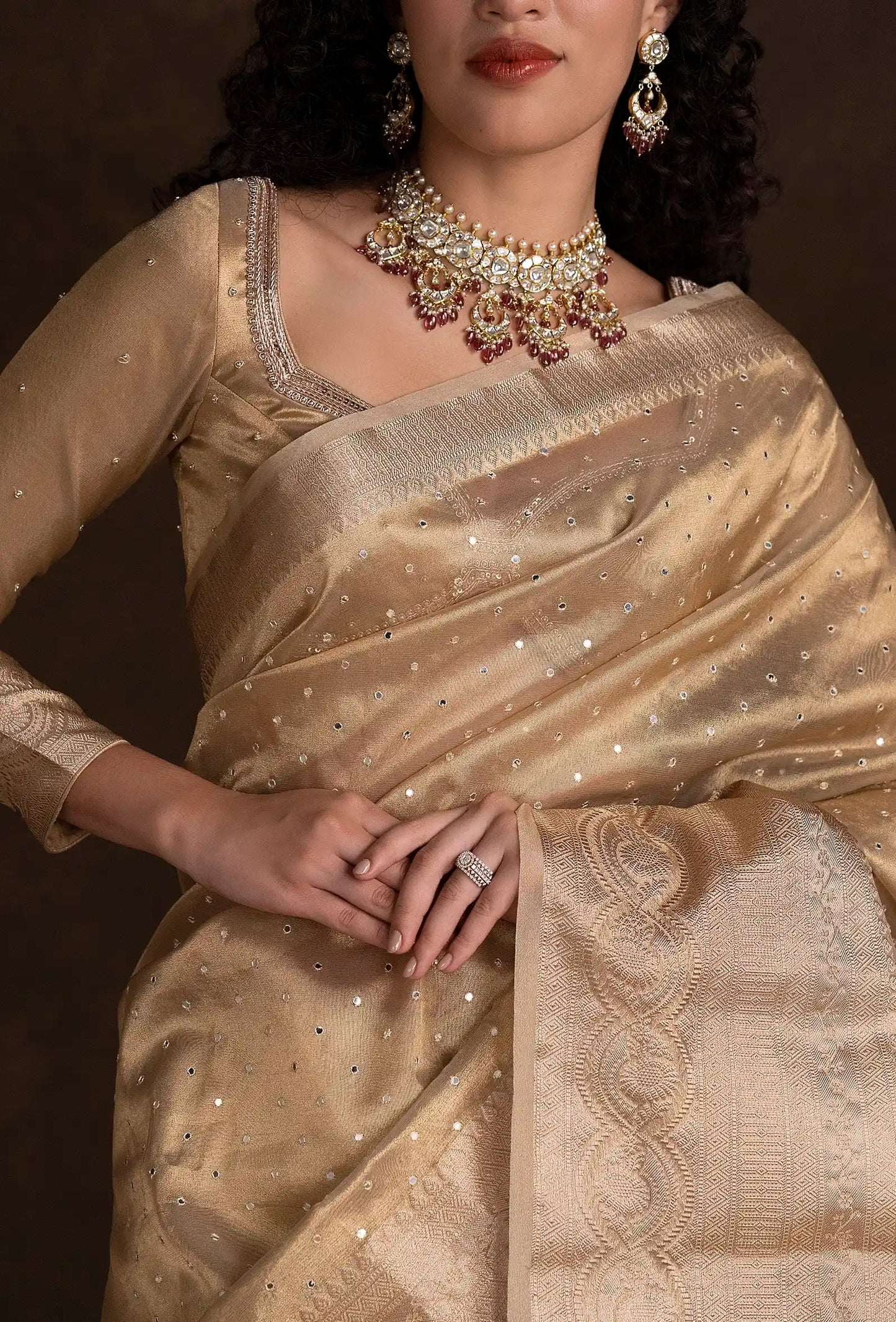 Golden Tissue Silk Mirror Work Saree With Unstitched Blouse