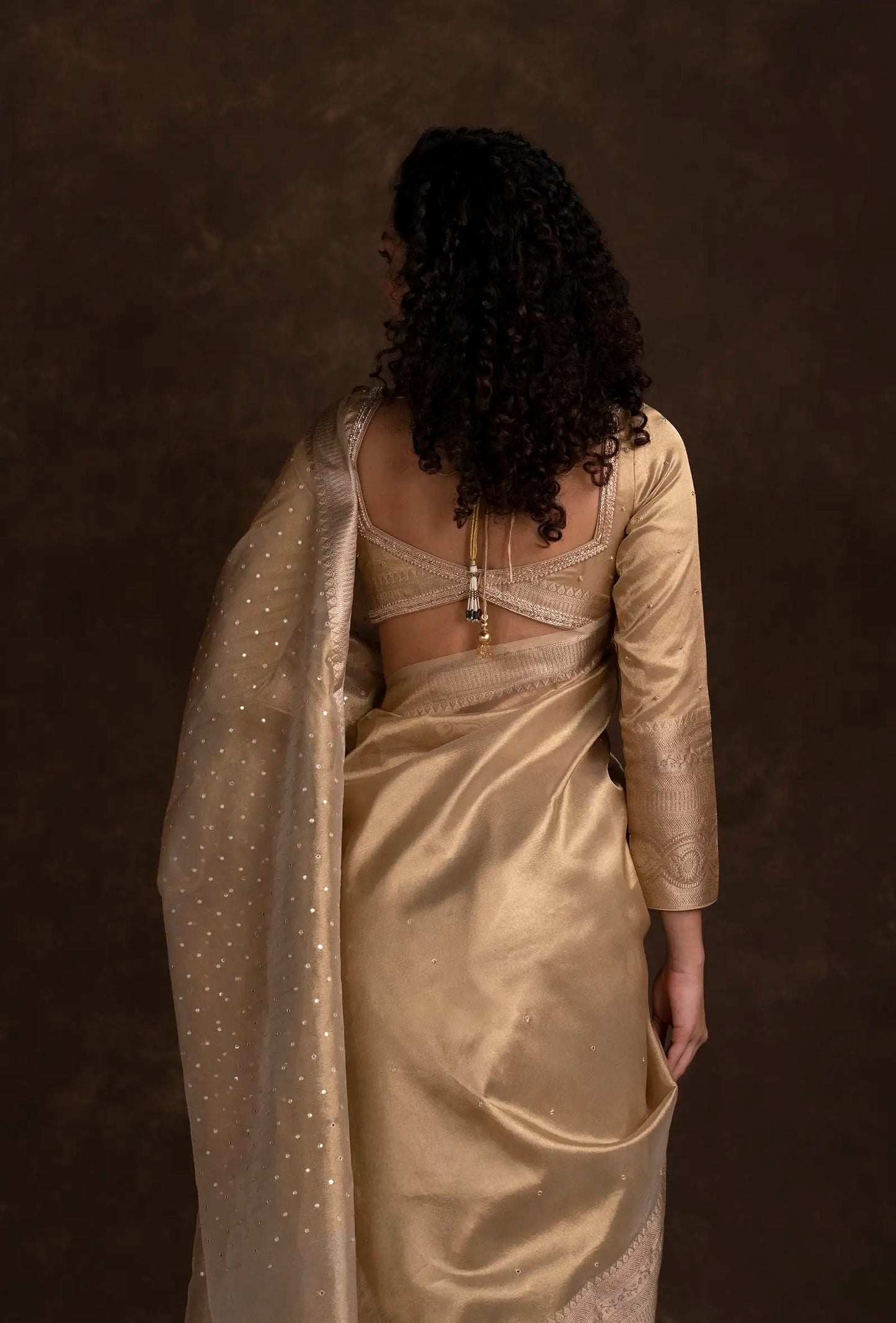 Golden Tissue Silk Mirror Work Saree With Unstitched Blouse