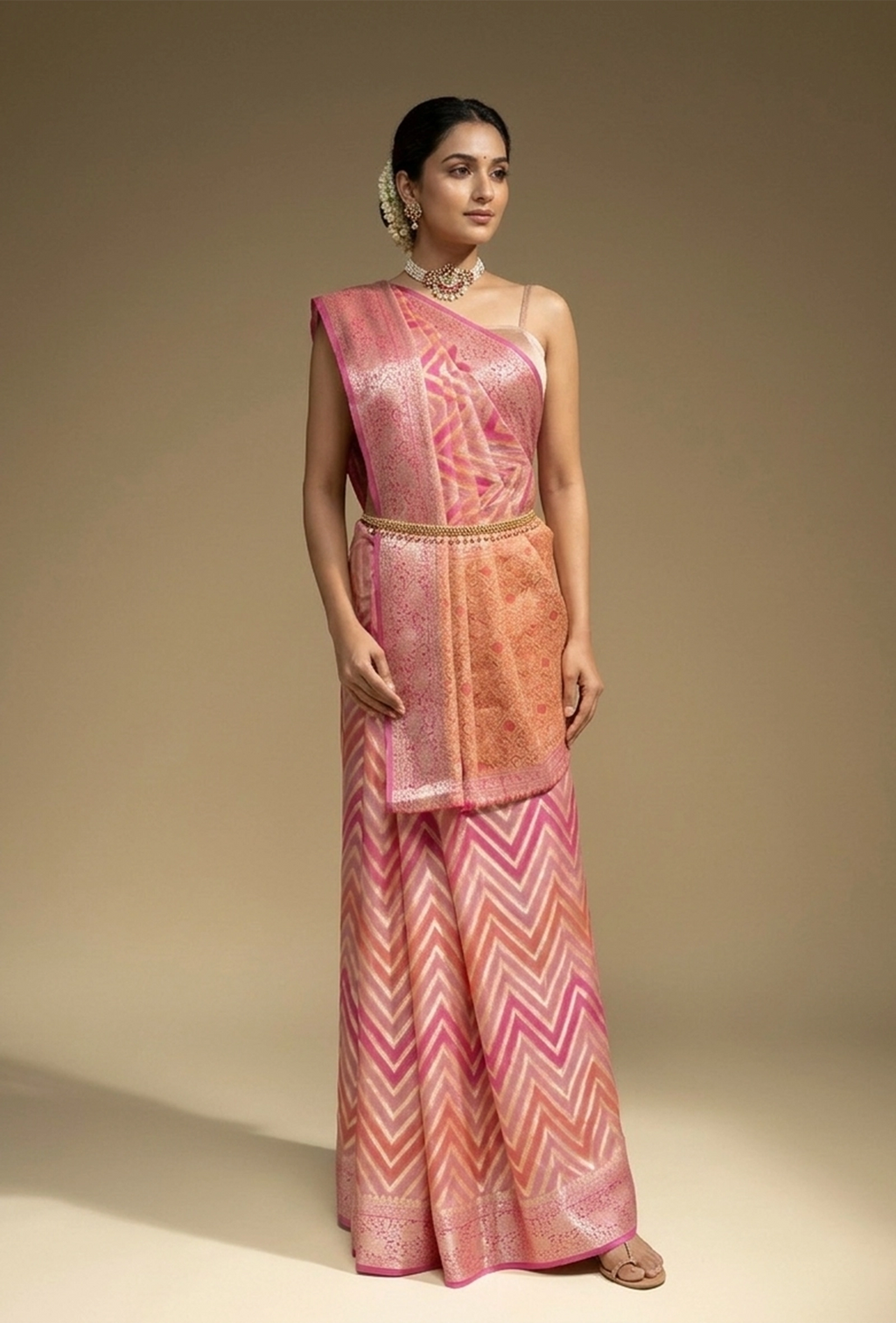 Lehriya Rangkaat Saree In Georgette With Pink Tricolor Design