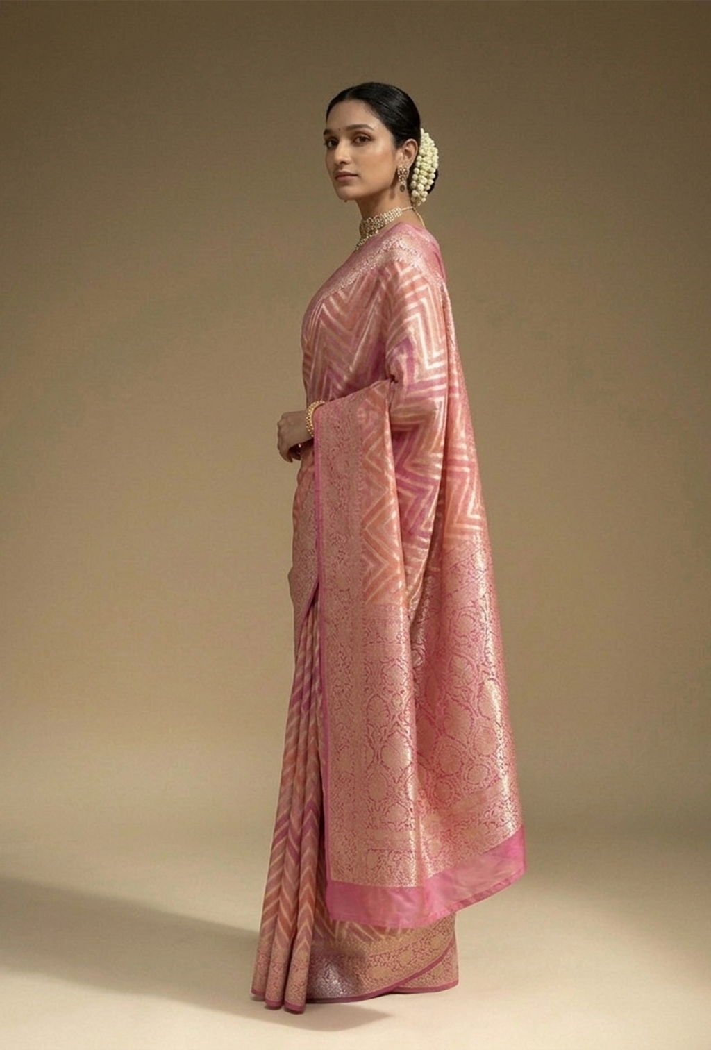 Lehriya Rangkaat Saree In Georgette With Pink Tricolor Design