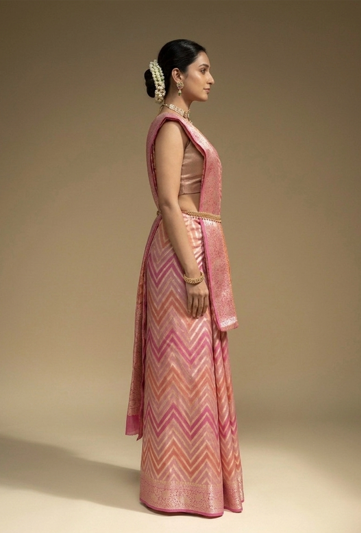 Lehriya Rangkaat Saree In Georgette With Pink Tricolor Design