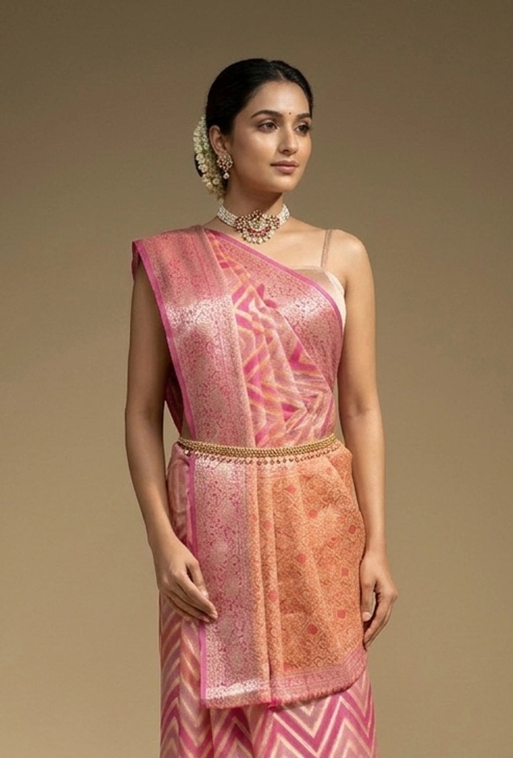 Lehriya Rangkaat Saree In Georgette With Pink Tricolor Design