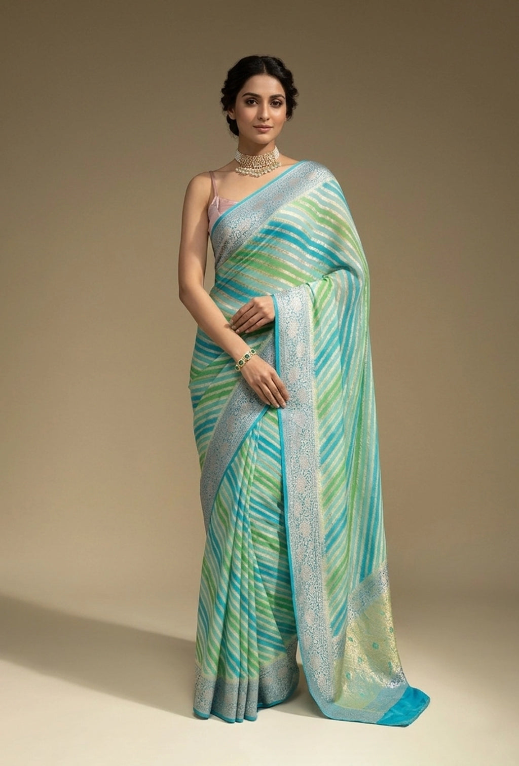 Lehriya Georgette Saree In Blue Green With Bold Stripes