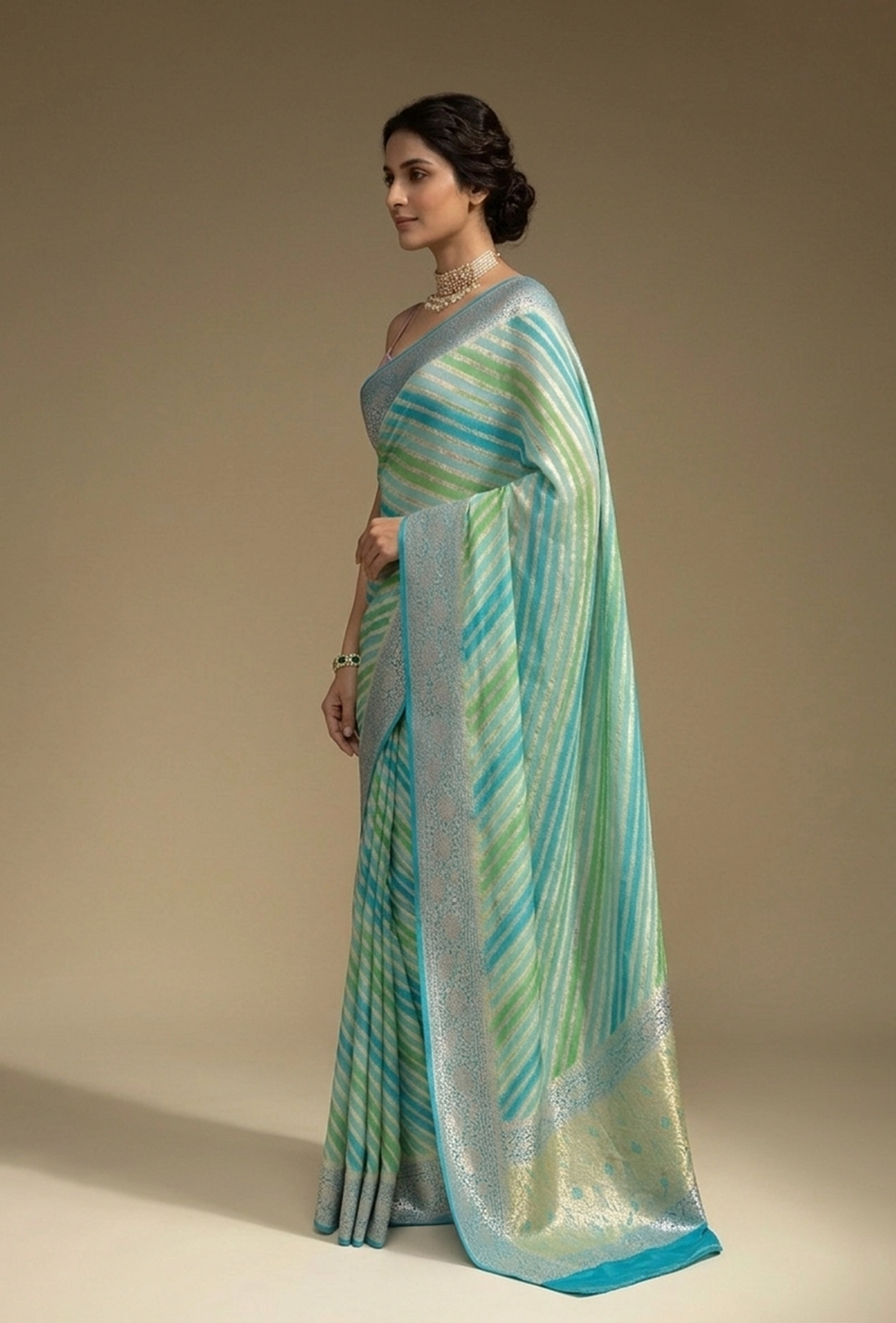 Lehriya Georgette Saree In Blue Green With Bold Stripes