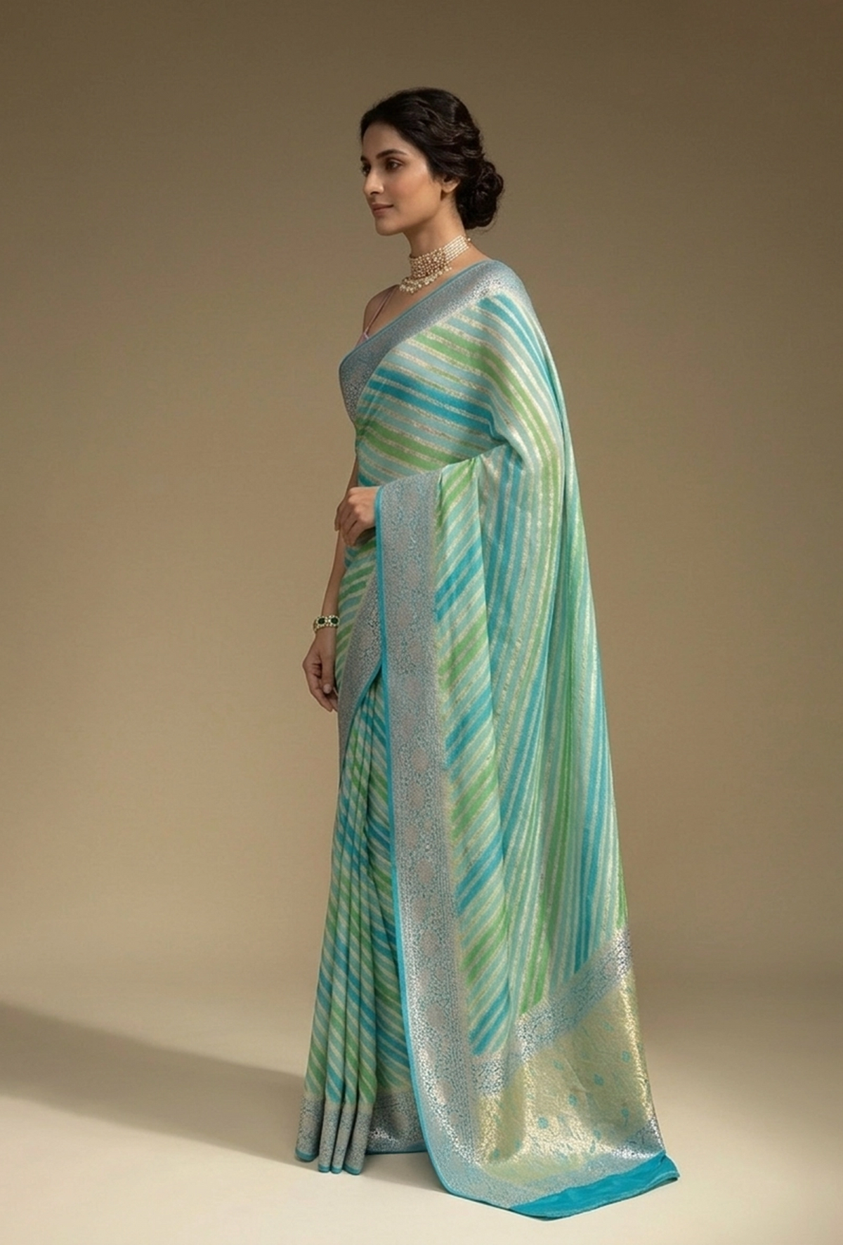 Lehriya Georgette Saree In Blue Green With Bold Stripes