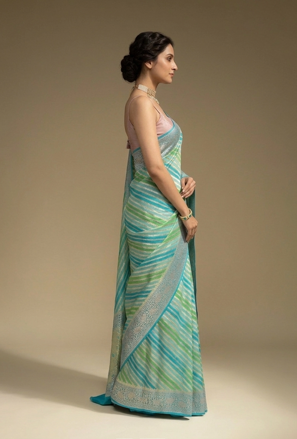 Lehriya Georgette Saree In Blue Green With Bold Stripes