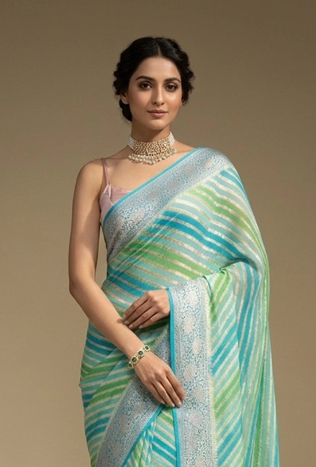 Lehriya Georgette Saree In Blue Green With Bold Stripes