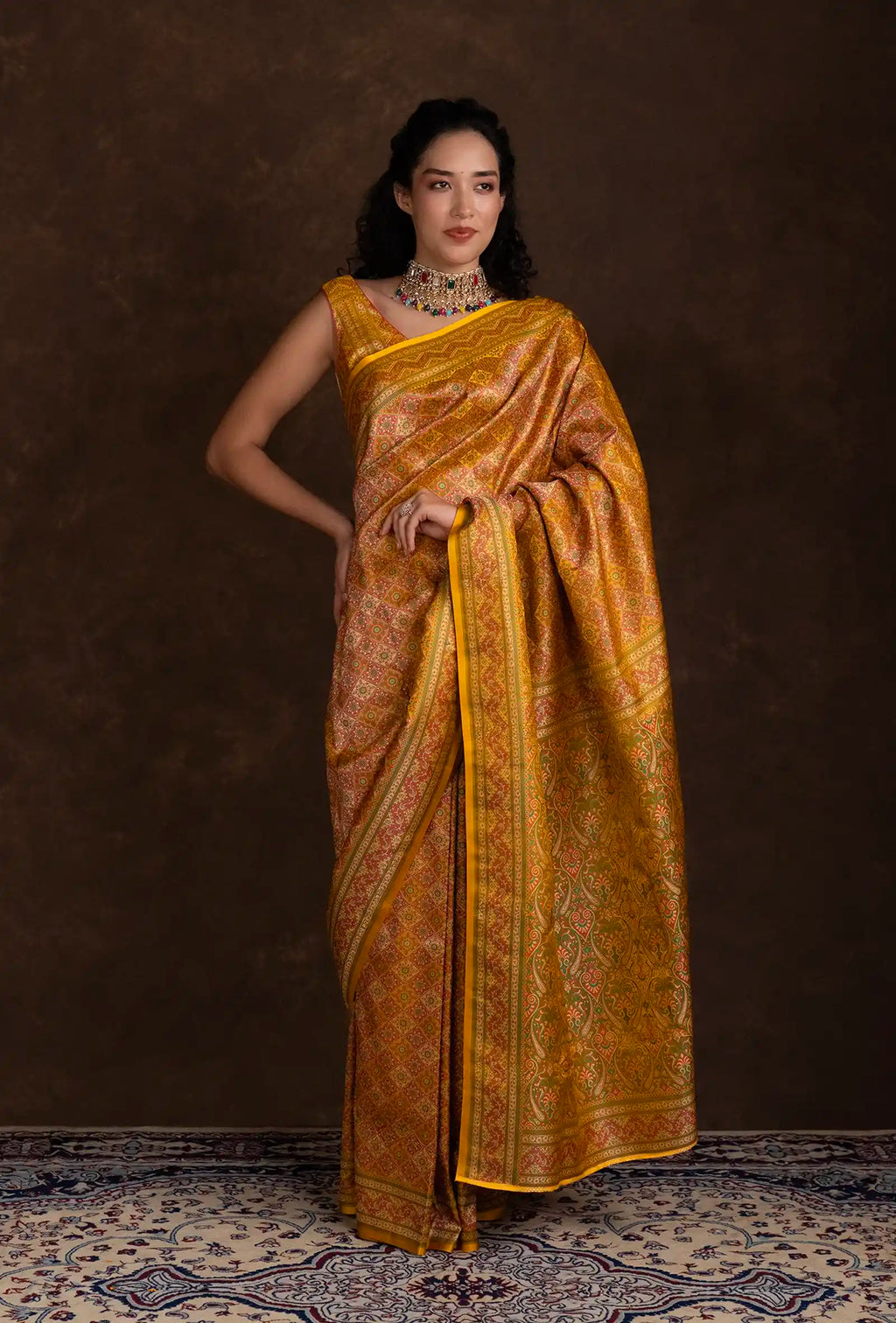 Mustard Yellow Floral work Patola Saree