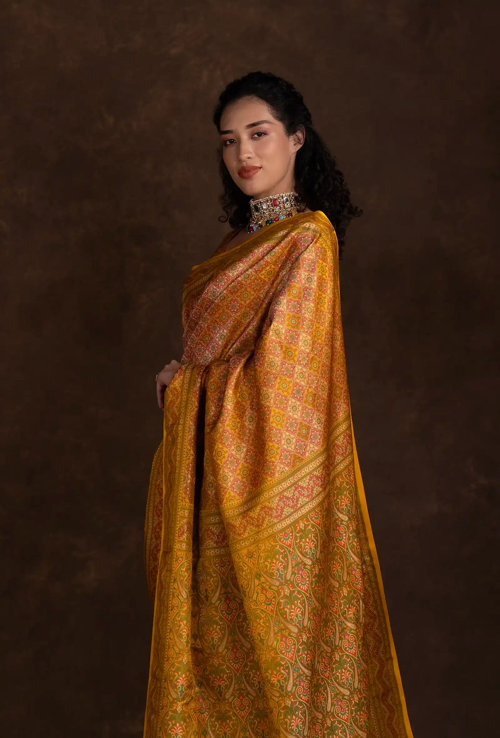 Mustard Yellow Floral work Patola Saree