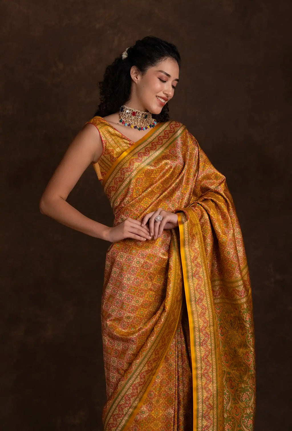 Mustard Yellow Floral work Patola Saree