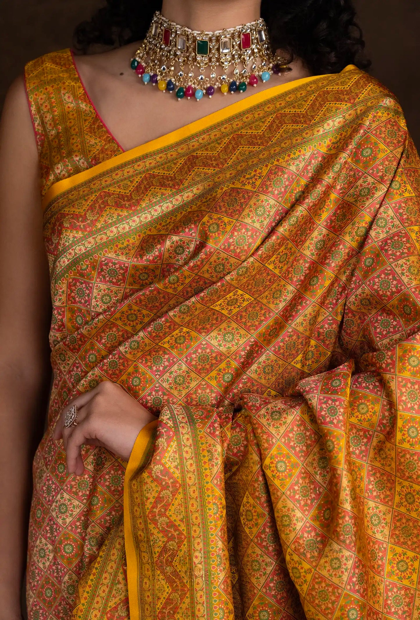 Mustard Yellow Floral work Patola Saree