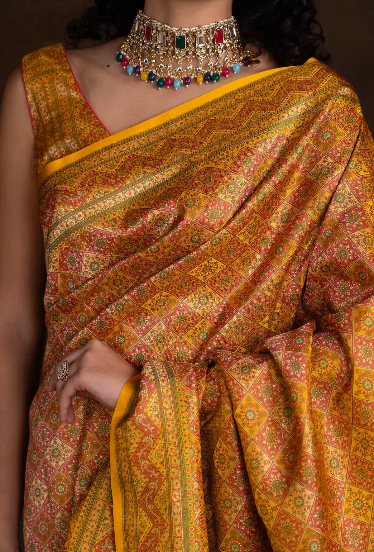 Mustard Yellow Floral work Patola Saree