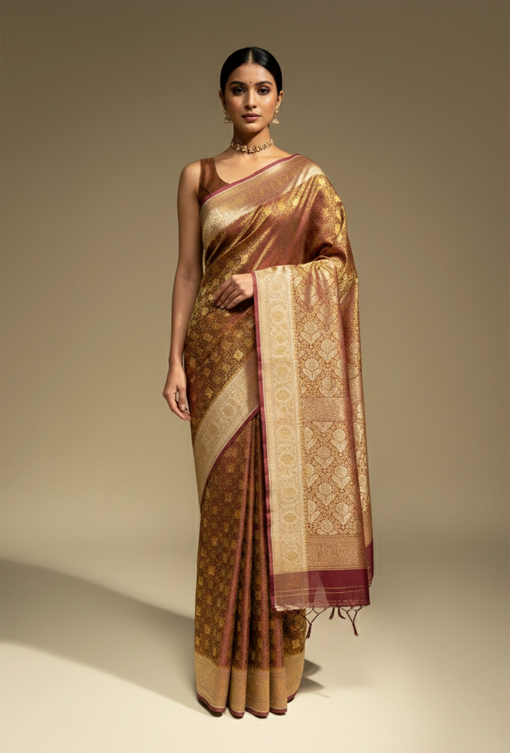 Patola Saree In Wine Brown With Exquisite Floral Work