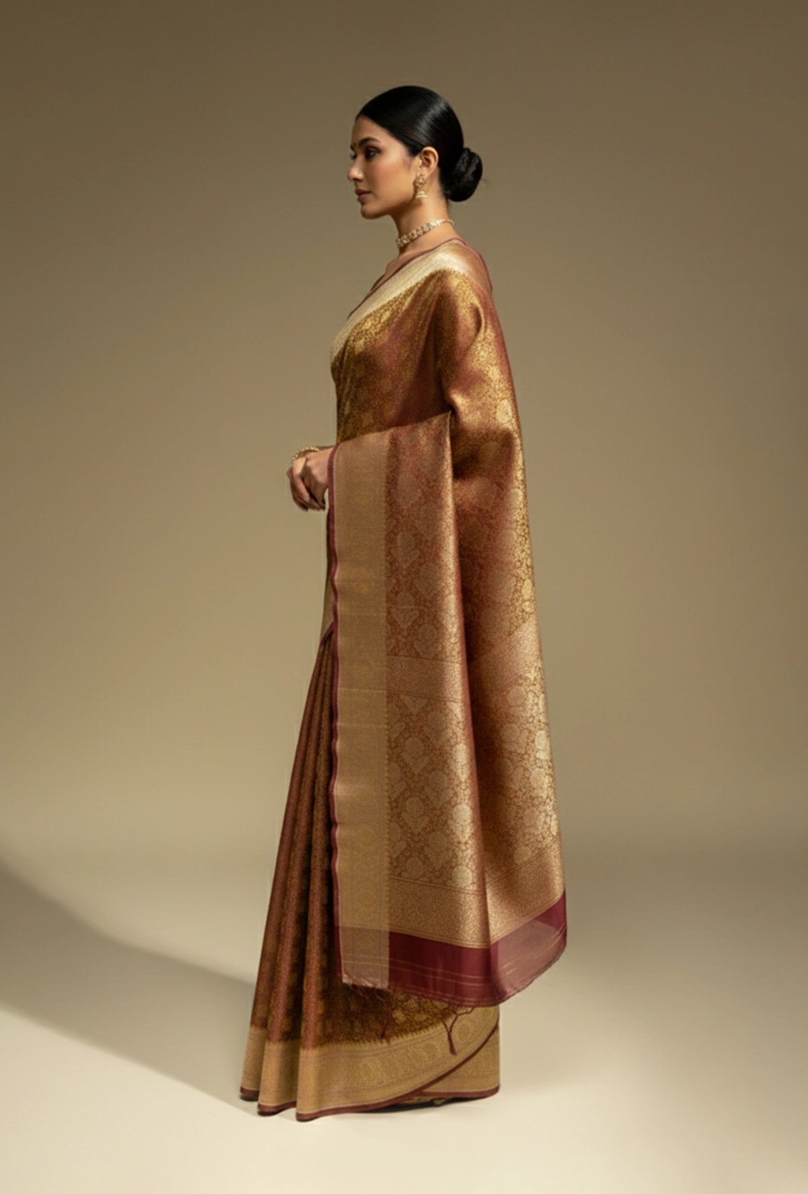 Patola Saree In Wine Brown With Exquisite Floral Work