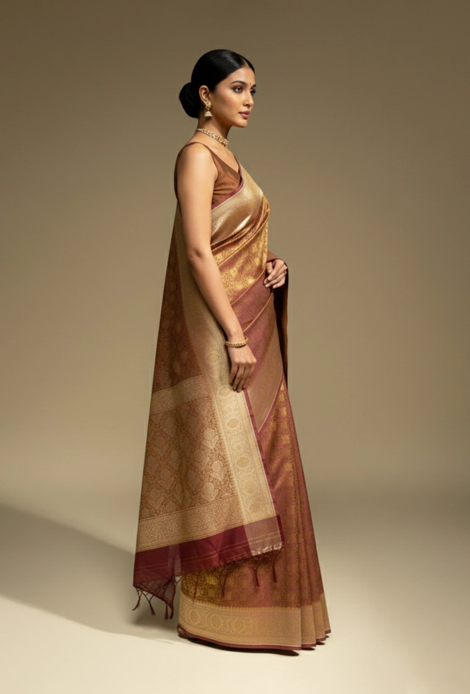 Patola Saree In Wine Brown With Exquisite Floral Work