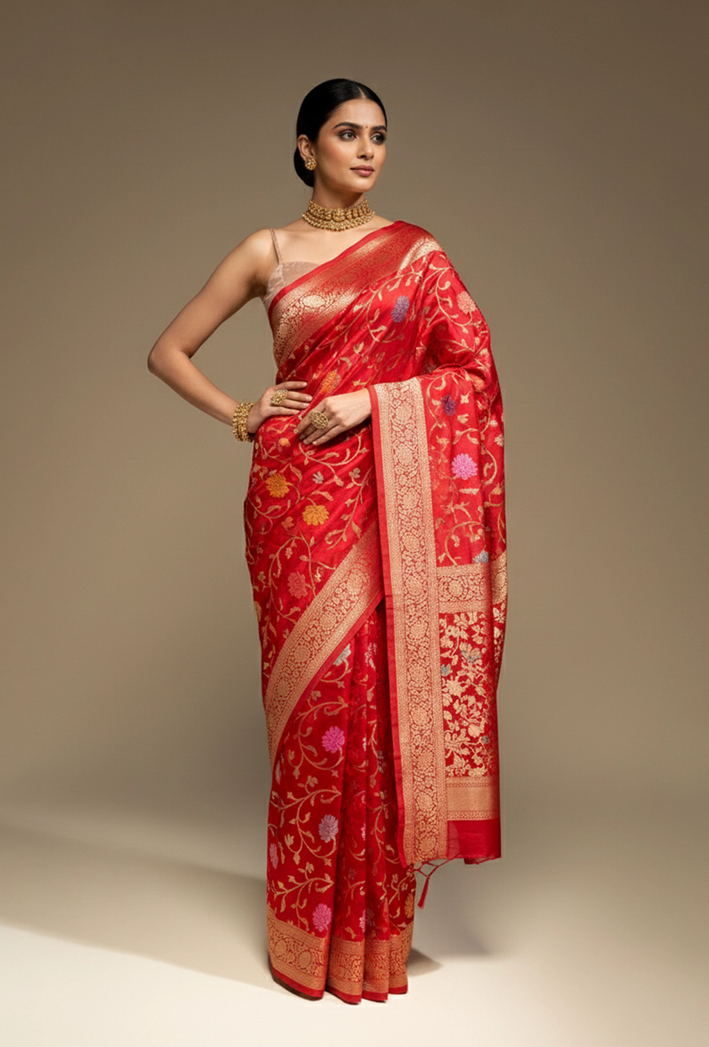 Deep Red Meenakari Silk Saree With Unstitched Blouse