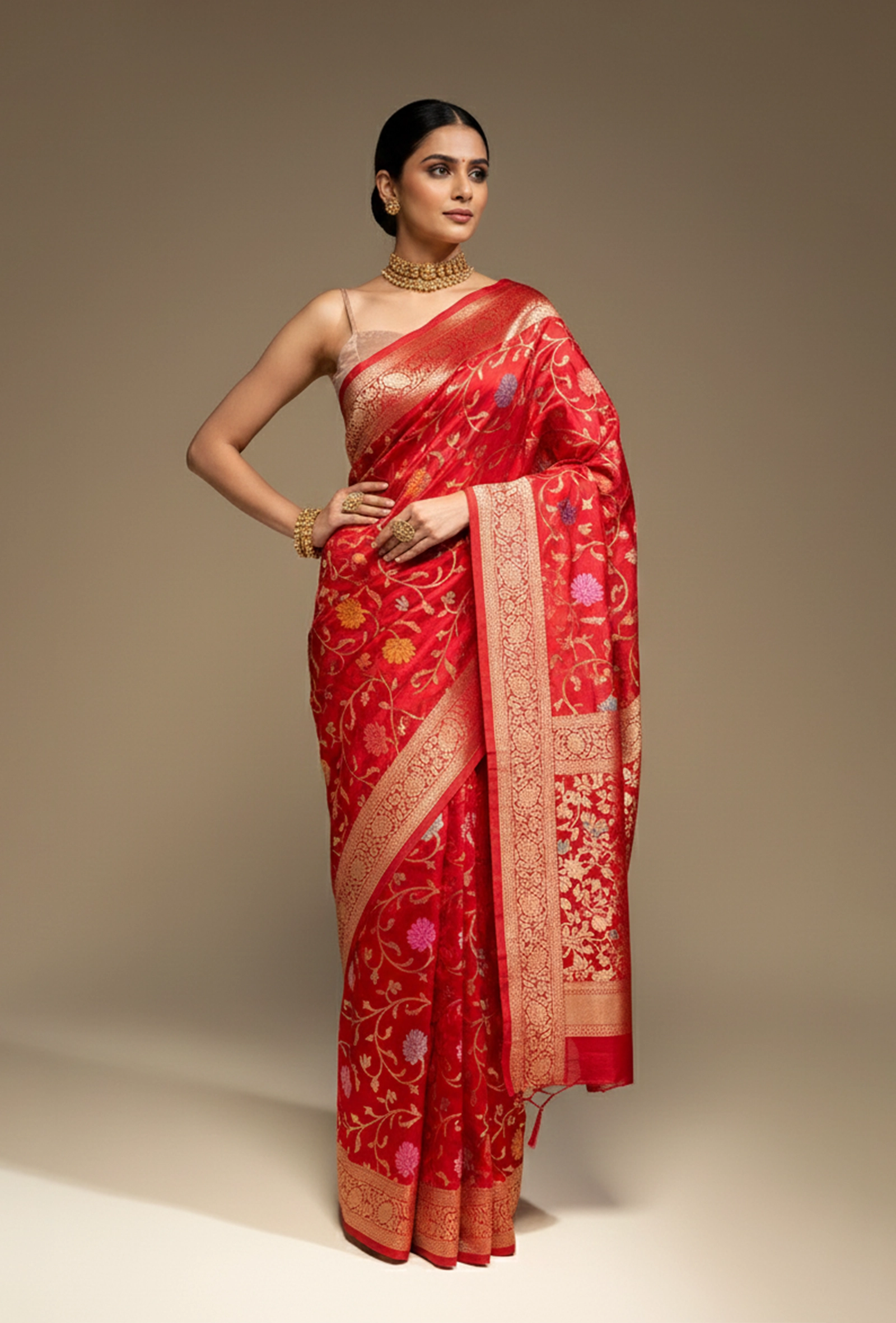 Deep Red Meenakari Silk Saree With Unstitched Blouse