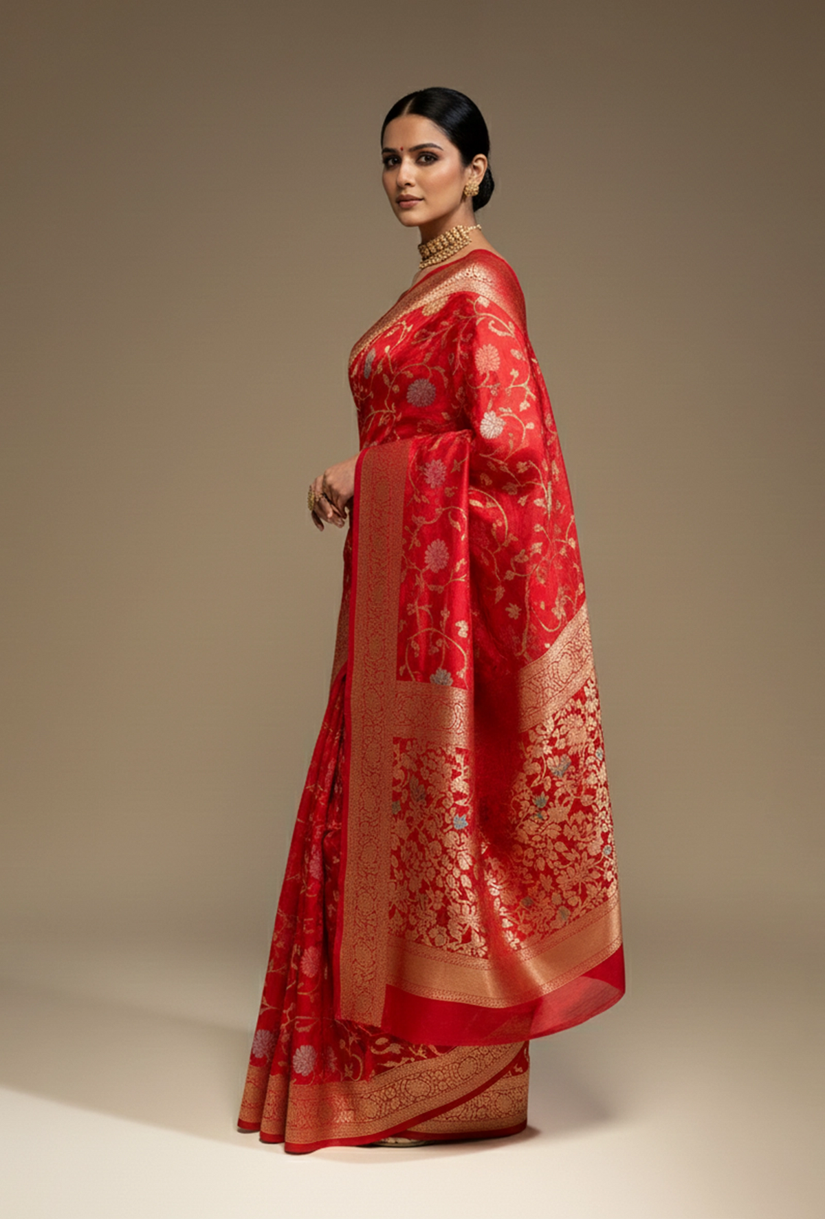 Deep Red Meenakari Silk Saree With Unstitched Blouse