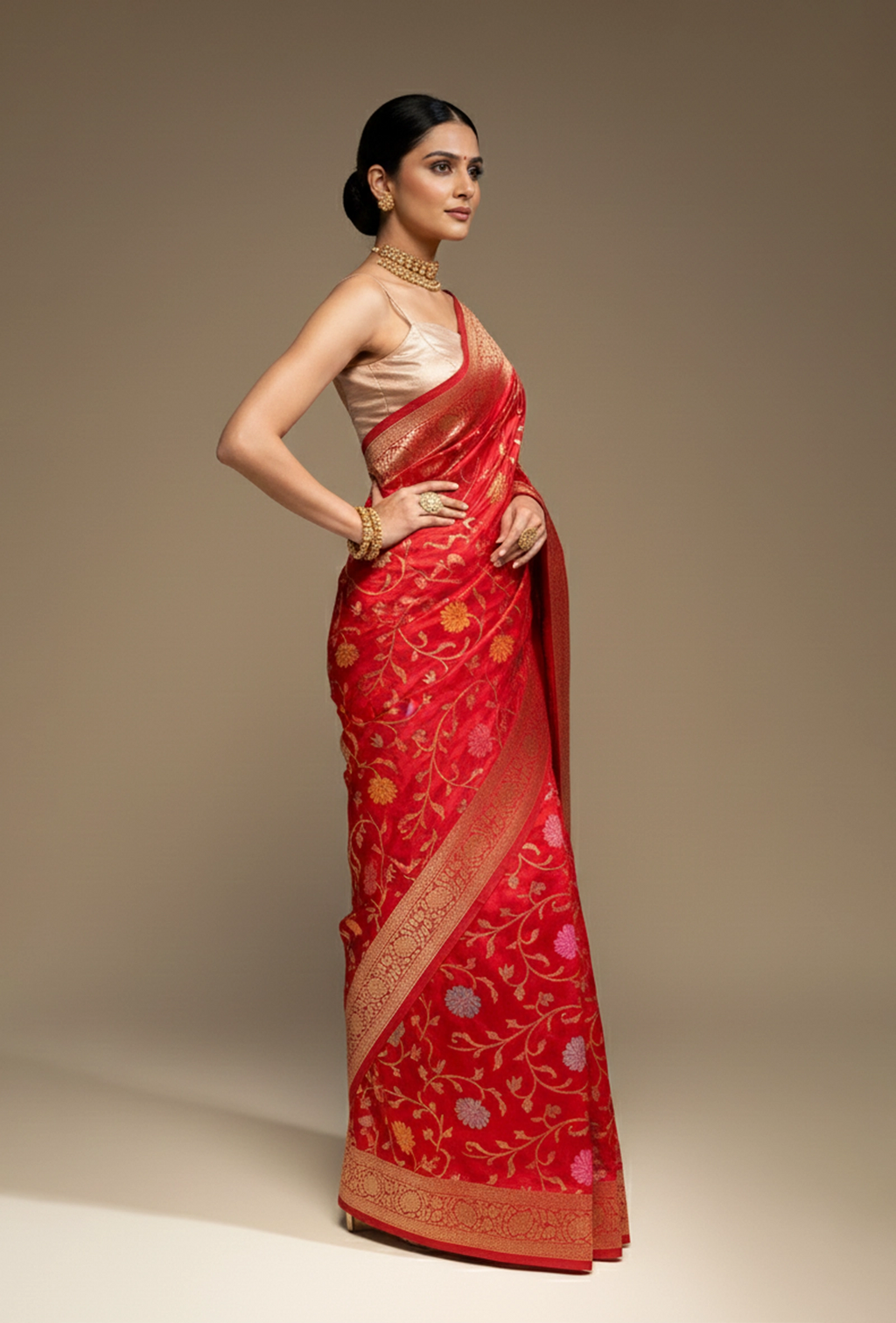 Deep Red Meenakari Silk Saree With Unstitched Blouse