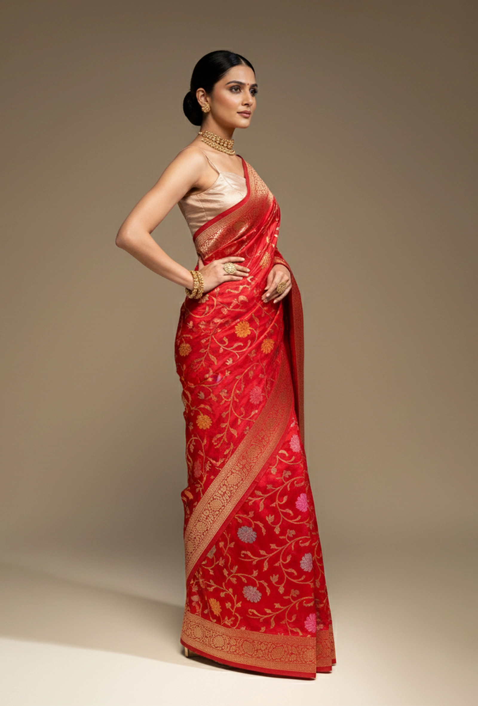 Deep Red Meenakari Silk Saree With Unstitched Blouse