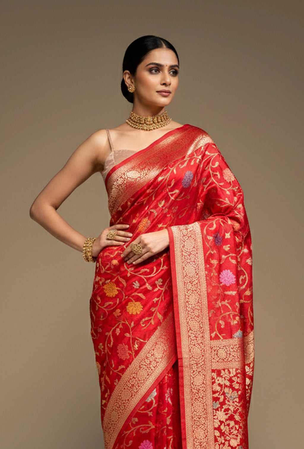 Deep Red Meenakari Silk Saree With Unstitched Blouse