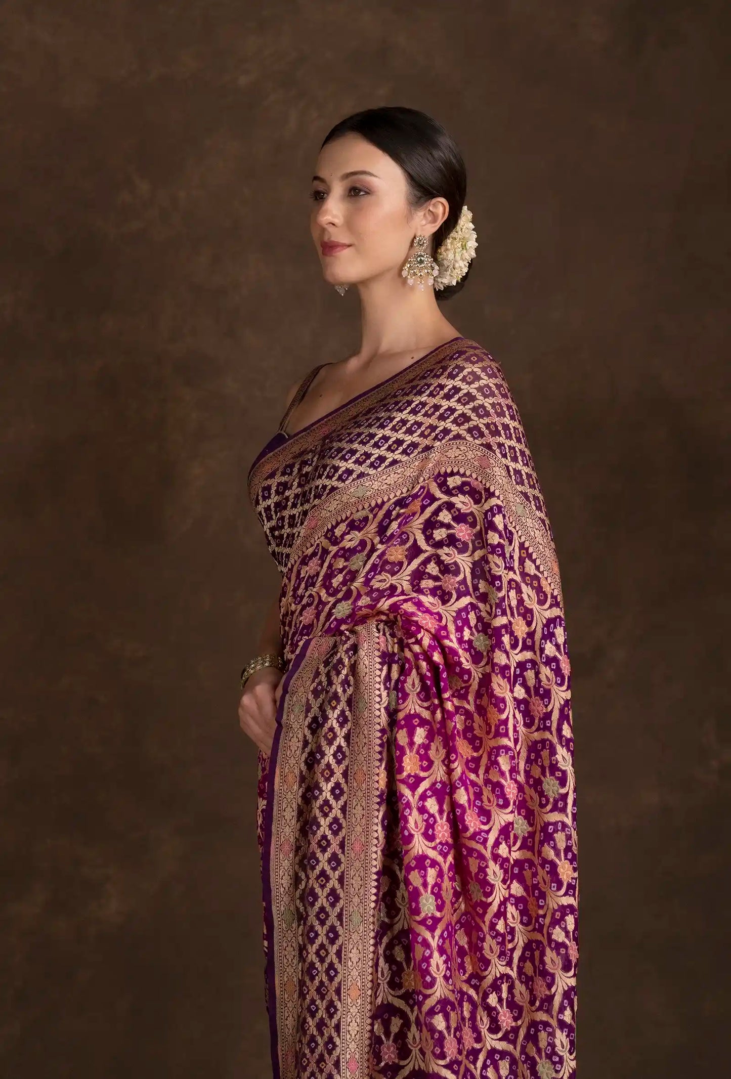 Purple Bandhani Tilfi Khadi Georgette Saree