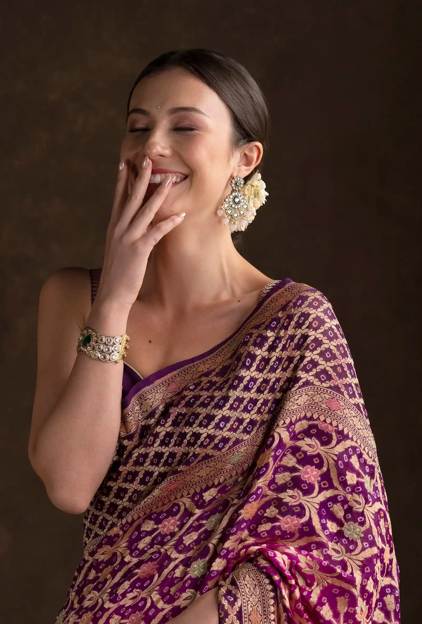 Purple Bandhani Tilfi Khadi Georgette Saree