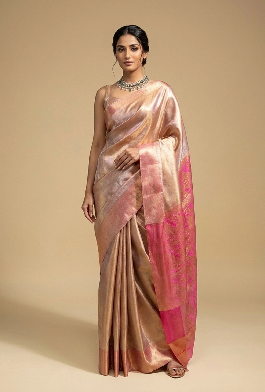 Tissue Silk Saree In Metallic Pink With Zari Weaving