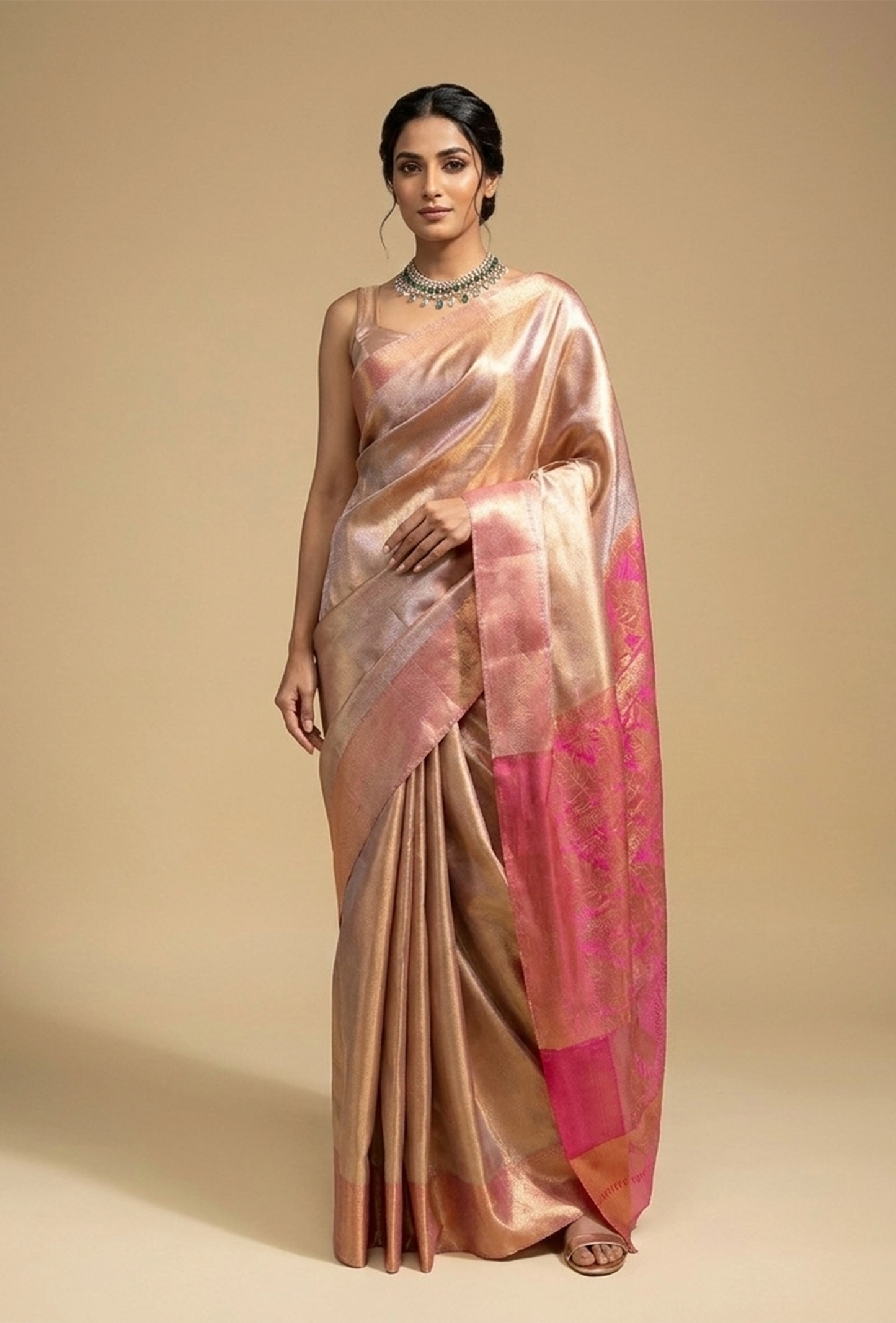 Tissue Silk Saree In Metallic Pink With Zari Weaving