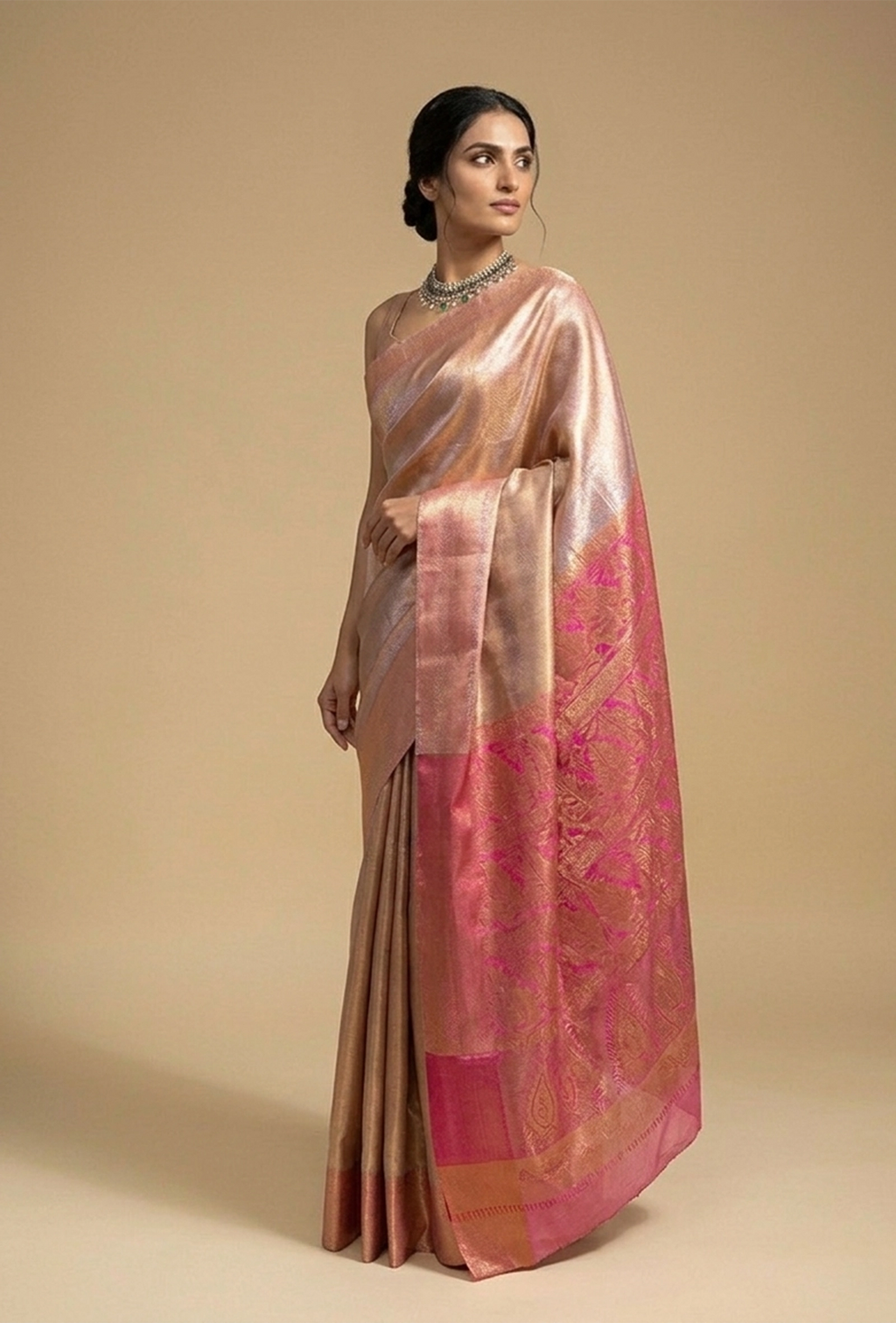 Tissue Silk Saree In Metallic Pink With Zari Weaving