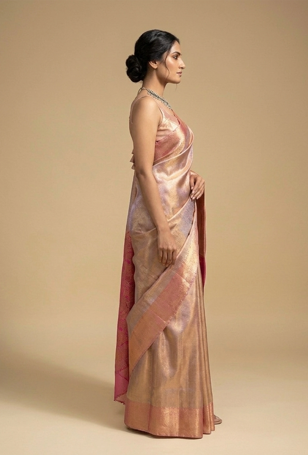 Tissue Silk Saree In Metallic Pink With Zari Weaving
