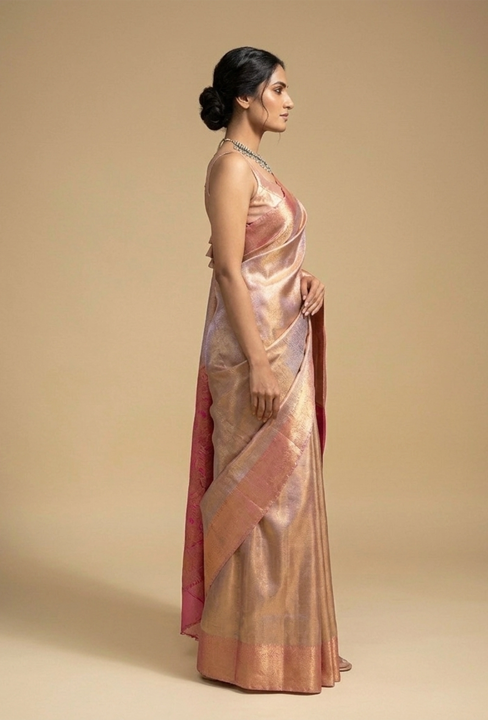 Tissue Silk Saree In Metallic Pink With Zari Weaving