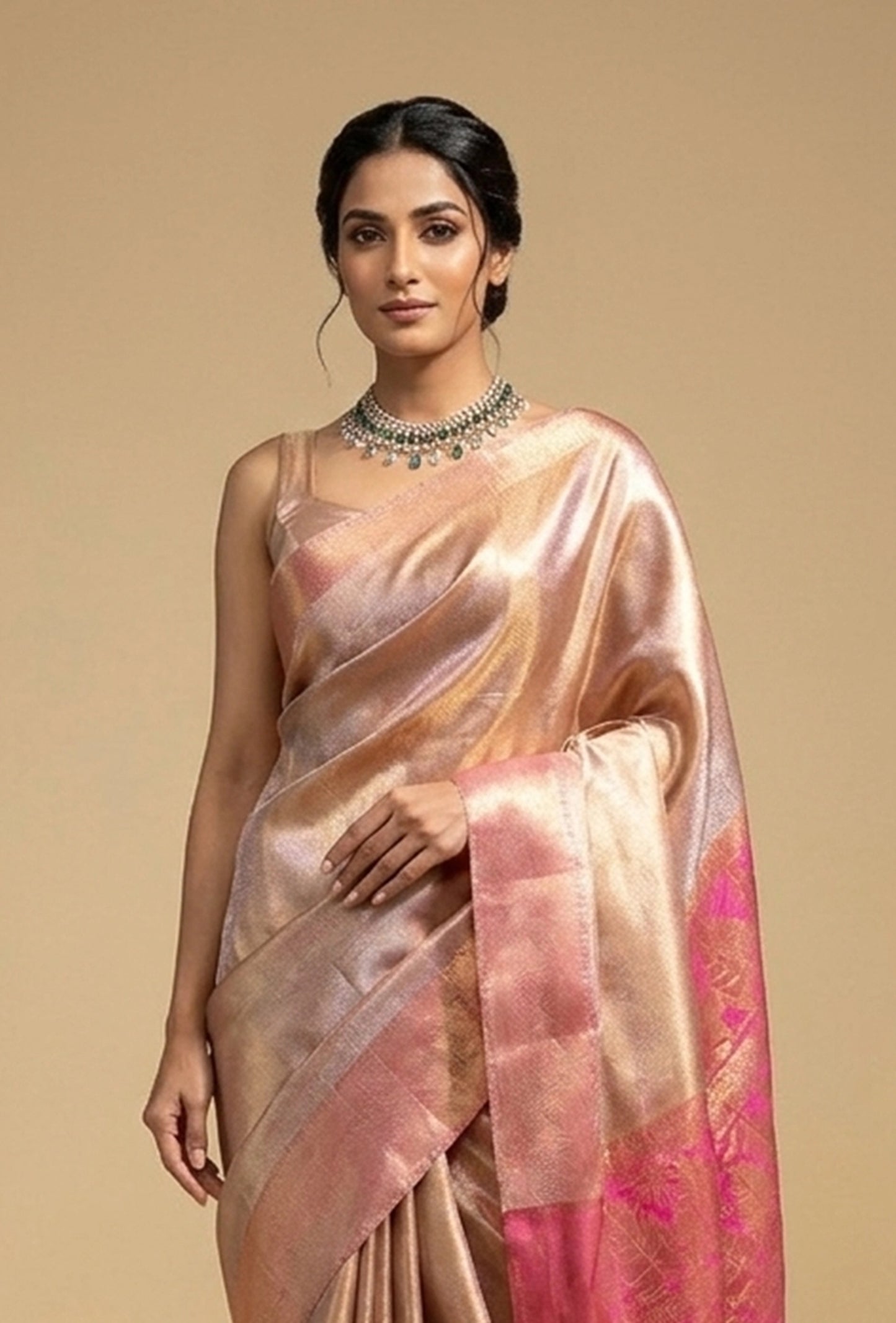 Tissue Silk Saree In Metallic Pink With Zari Weaving
