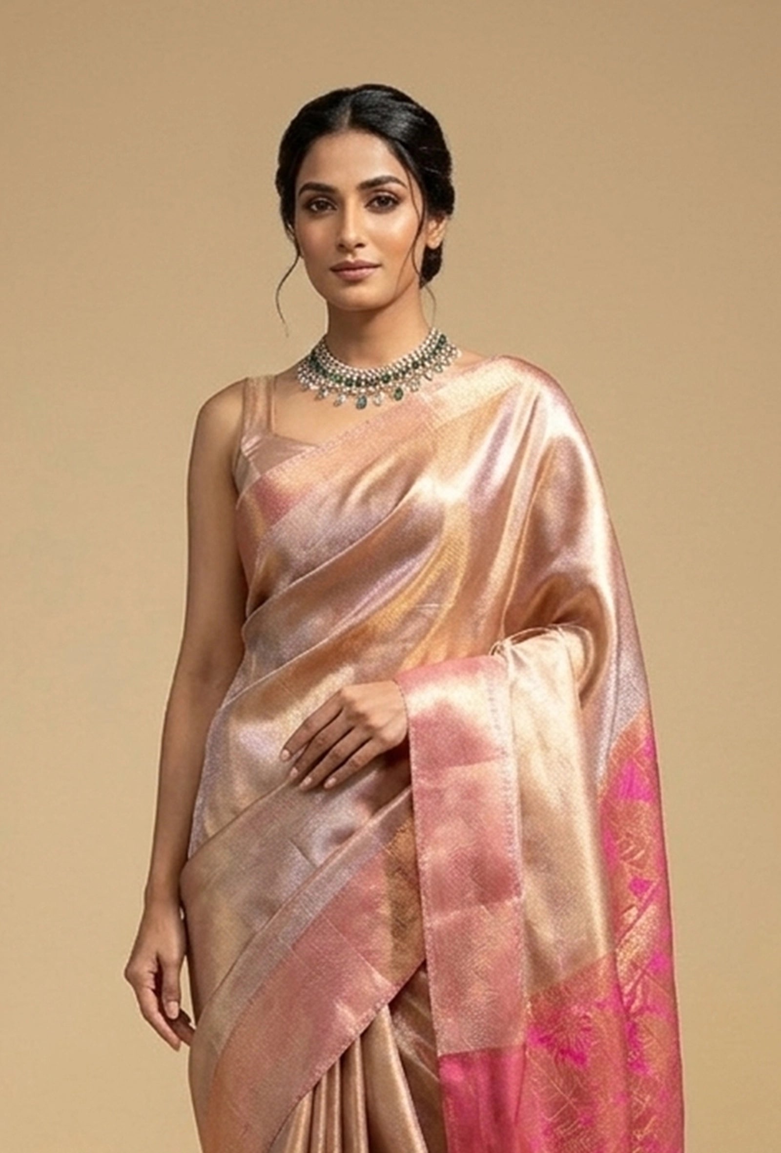 Tissue Silk Saree In Metallic Pink With Zari Weaving
