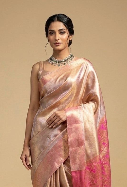 Tissue Silk Saree In Metallic Pink With Zari Weaving