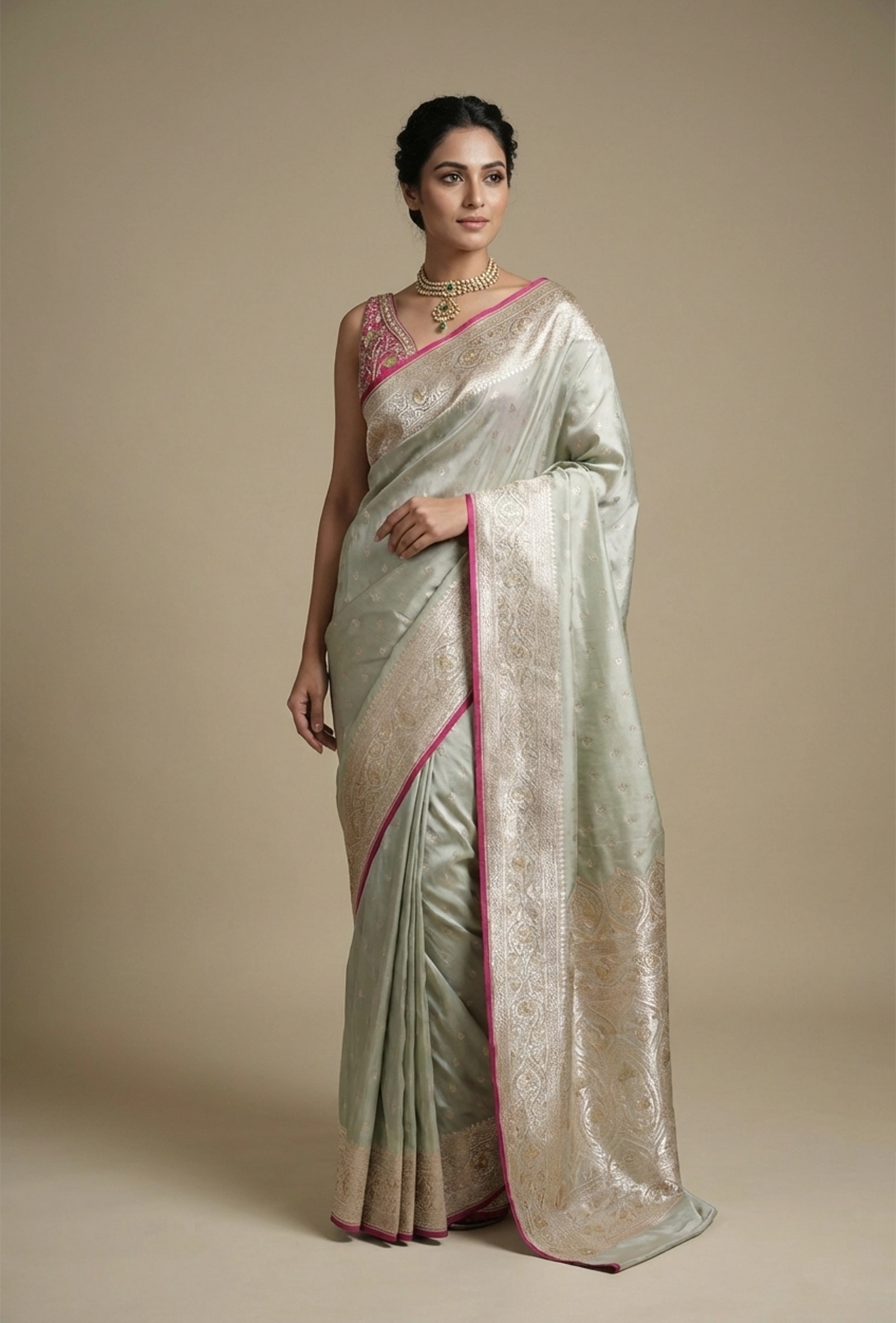 Mint Green Dual Color Mashru Silk Saree With Unstitched Blouse