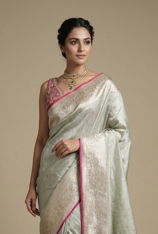 Mint Green Dual Color Mashru Silk Saree With Unstitched Blouse