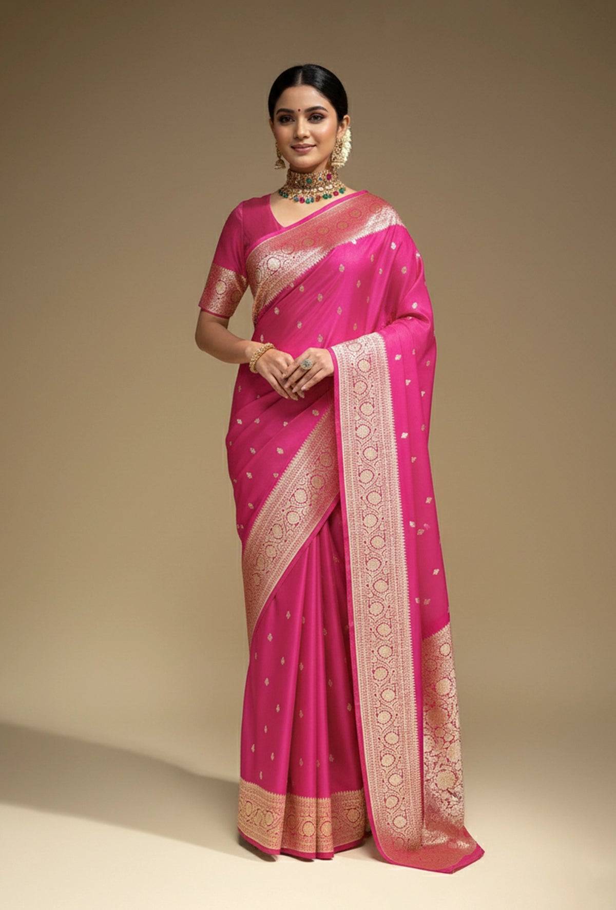 Pure Silk Saree In Pink With Zari Buttiwork