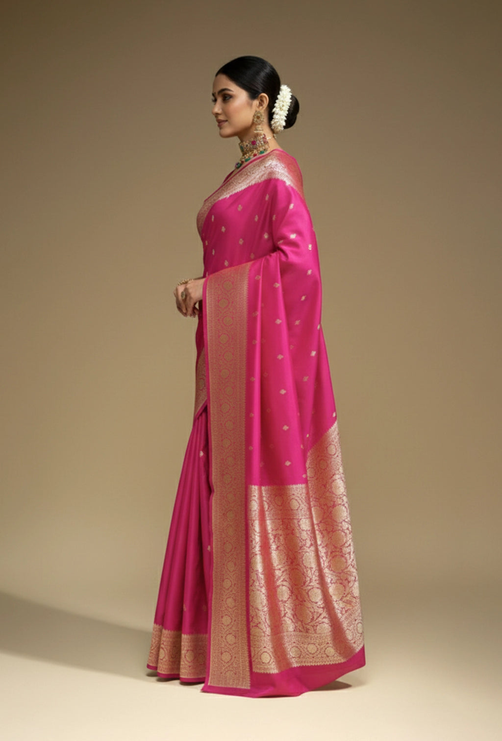 Pure Silk Saree In Pink With Zari Buttiwork