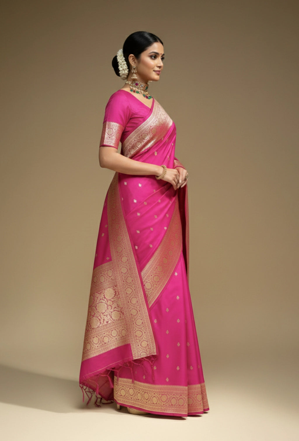 Pure Silk Saree In Pink With Zari Buttiwork
