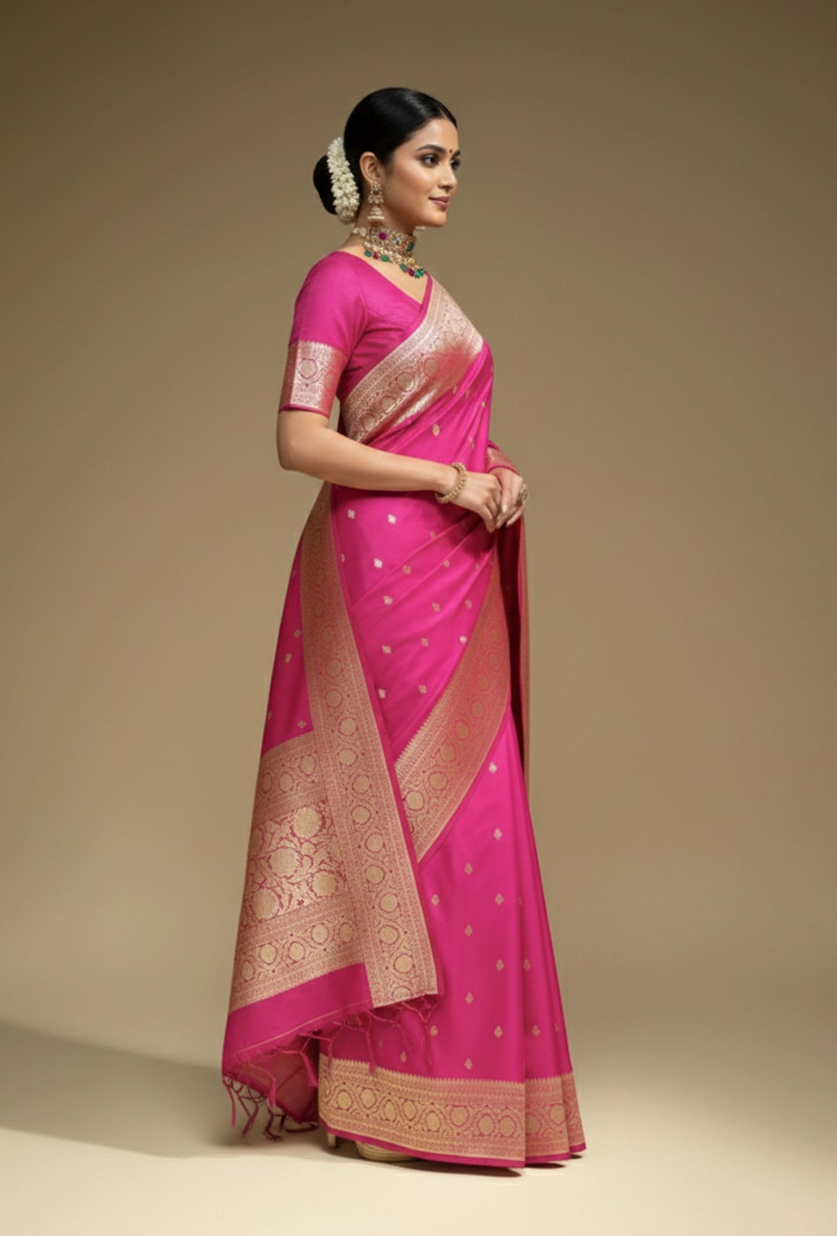 Pure Silk Saree In Pink With Zari Buttiwork