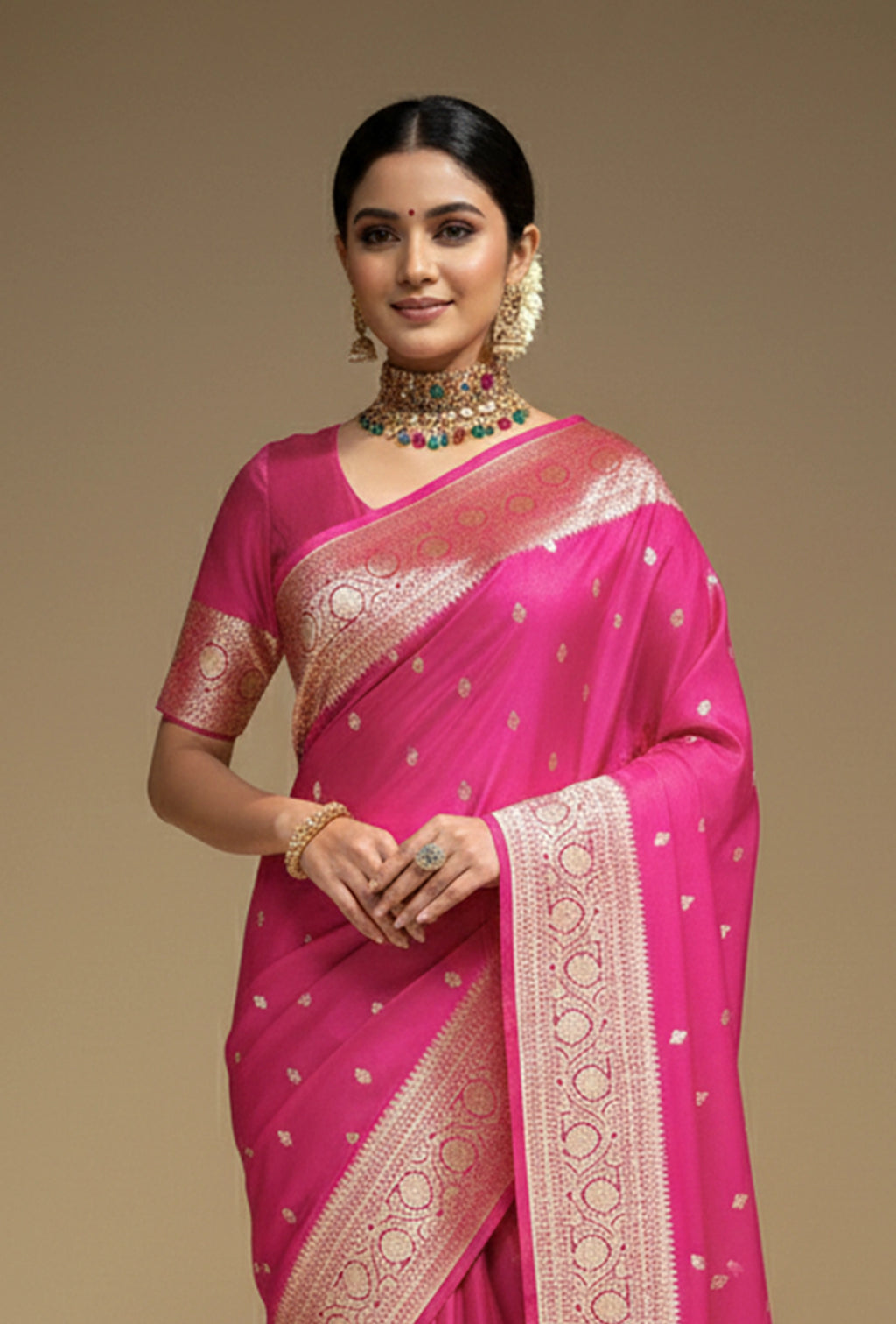 Pure Silk Saree In Pink With Zari Buttiwork