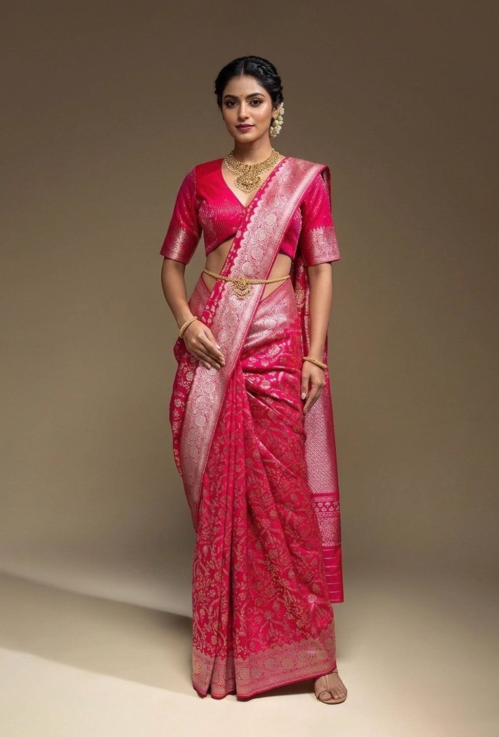 Hot Pink Mashru Silk Saree With Unstitched Blouse